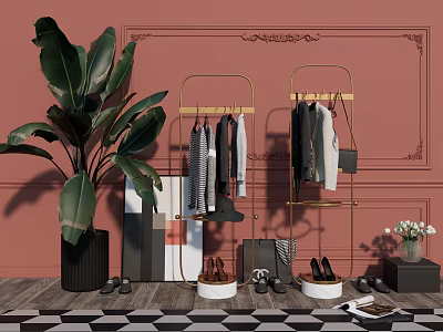 Clothing Rack With Hanging Clothes Accessories Near Decorative Pink Wall Green Plant On Checkerboard Floor 3d model
