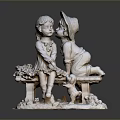 Adorable Garden Statue With Two Kids Sitting On Bench And Little Puppy