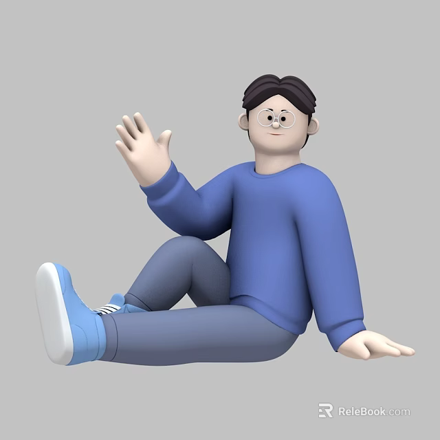 Man Sitting in Blue Sweater Gray Pants And Blue Shoes Waving Hand On Gray Background 3d model 