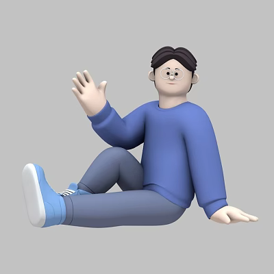 Man Sitting in Blue Sweater Gray Pants And Blue Shoes Waving Hand On Gray Background 3d model