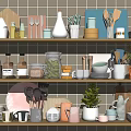 Modern Kitchenware Collection With Knives Pots Mugs Jars Plants On Wooden Shelves Tile Wall