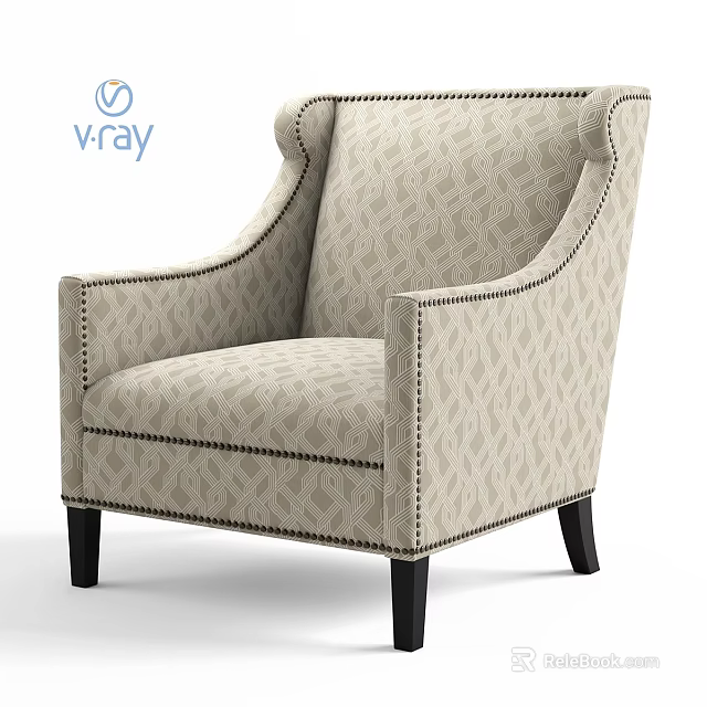 Modern Patterned Fabric Lounge Chair With Nailhead Trim And Wooden Legs 3d model 