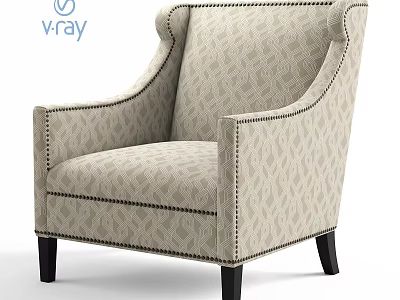Modern Patterned Fabric Lounge Chair With Nailhead Trim And Wooden Legs 3d model