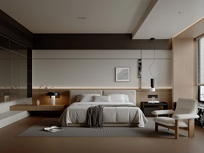 Modern Bedroom With White Bed Gray Throw Wooden Chair Framed Art Window Blinds And Rug 3d model