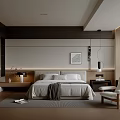 Modern Bedroom With White Bed Gray Throw Wooden Chair Framed Art Window Blinds And Rug