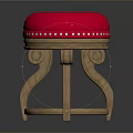 Red Padded Round Stool With Rivet Details And Wooden Curved Legs
