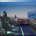 Futuristic Exhibition Hall with Seats Glowing Lines Large Screens City Night View and Person Standing