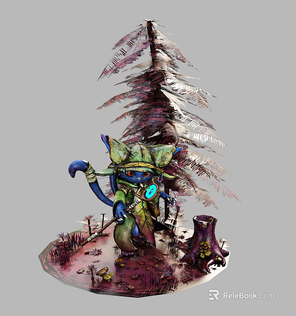 Blue Character With Green Hat And Tail Near Tall Tree And Enchanting Creatures 3d model 