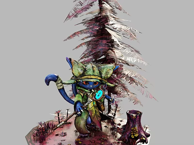 Blue Character With Green Hat And Tail Near Tall Tree And Enchanting Creatures 3d model