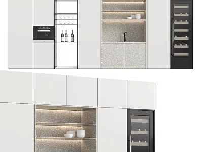 Modern Kitchen Interior With White Black Cabinets Glass Door Wine Rack And Shelves 3d model