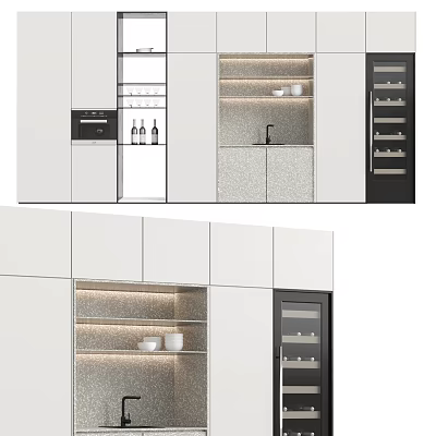 Modern Kitchen Interior With White Black Cabinets Glass Door Wine Rack And Shelves 3d model