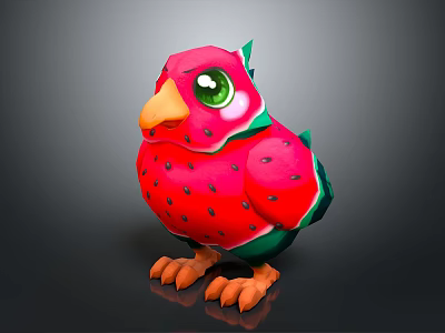Adorable Watermelon Inspired Bird With Red Body Black Seeds Green Wings And Big Green Eyes 3d model