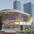 Modern Commercial Complex With Colorful Striped Facade And Urban Surroundings
