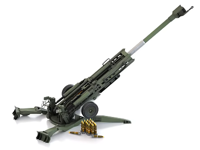 Military Howitzer Weapon System With Long Barrel Wheeled Tripod Carriage And Brass Ammunition Shells 3d model