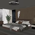 Modern Bedroom Interior With Platform Bed Circular Ceiling Lamp Decorative Painting And Floor to Ceiling Window