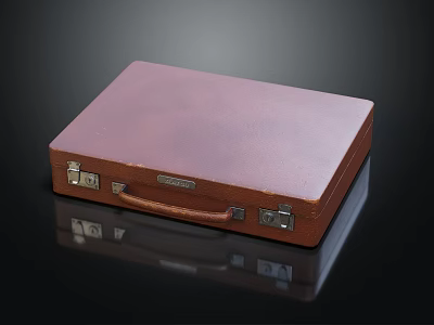Brown Leather Suitcase With Metal Locks Handle On Black Reflective Surface 3d model