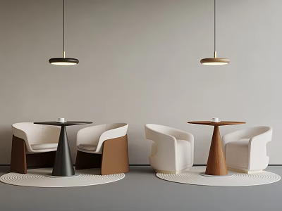 Modern Interior With Hanging Lights Round Tables White Brown Chairs Rugs And Gray Walls 3d model