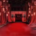 Ancient Chinese Architecture With Traditional Curved Roof Red Pillars Red Doors And Red Carpet