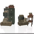 Vintage Office Furniture Including Green Filing Cabinet Wooden Crates And Small Table With Stacked Papers