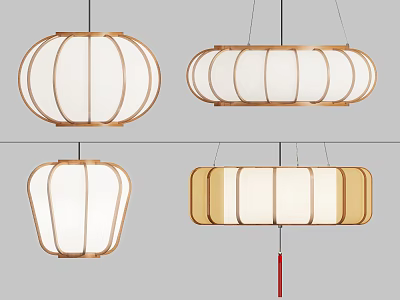 Modern Decorative Chandeliers With Various Shapes Wooden Frames White Lampshades And Red Tassel 3d model