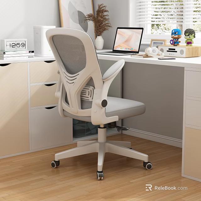 Modern Study Room With Ergonomic Office Chair Laptop Desk Decorations Wooden Floor And Drawer Cabinets 3d model 