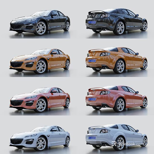 Stylish Sports Cars In Black Orange Red White With Front Rear Views 3d model 