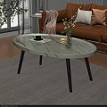 Modern Oval Coffee Table With Marble Texture Top And Black Legs