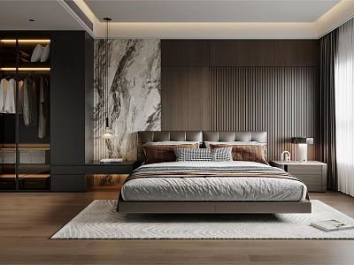 Modern Bedroom Interior Design With Marble Accent Wall Wooden Slats King Bed And Area Rug 3d model