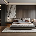 Modern Bedroom Interior Design With Marble Accent Wall Wooden Slats King Bed And Area Rug