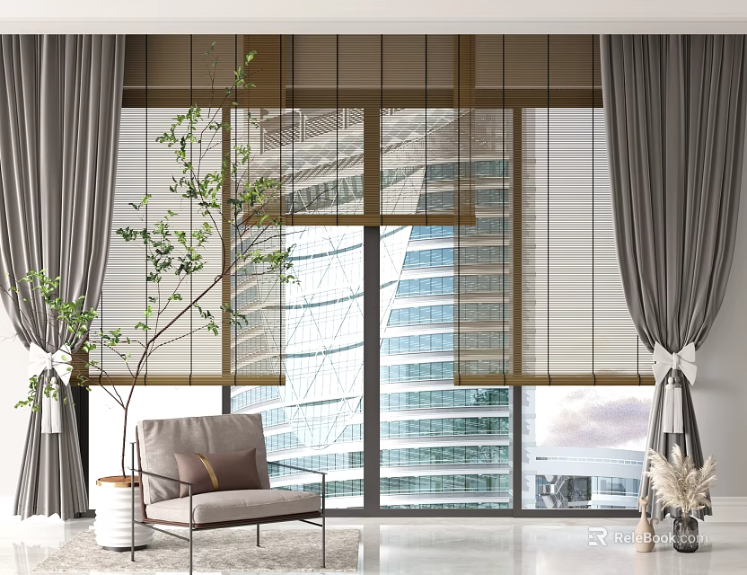 Grey Linen Curtains With Wooden Blinds Modern Living Room Tall Building View Cozy Chair 3d model 