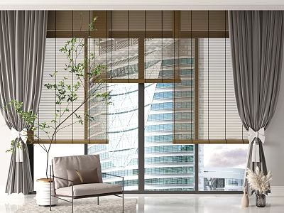 Grey Linen Curtains With Wooden Blinds Modern Living Room Tall Building View Cozy Chair 3d model