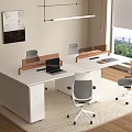 Modern Office Desk with Ergonomic Chairs Laptop Wooden Frame Window View and Area Rug
