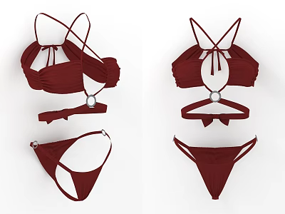 Maroon Bikini Set With Crisscross Halter Top High Waist Bottom And Ring Accent 3d model