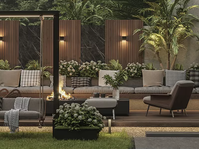 Outdoor Sofa In Lush Garden With Fire And Lighting 3d model