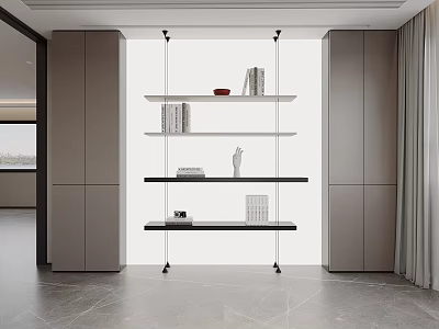 Modern Minimalist Desk Interior With Floating Metal Shelves And Decorative Books 3d model
