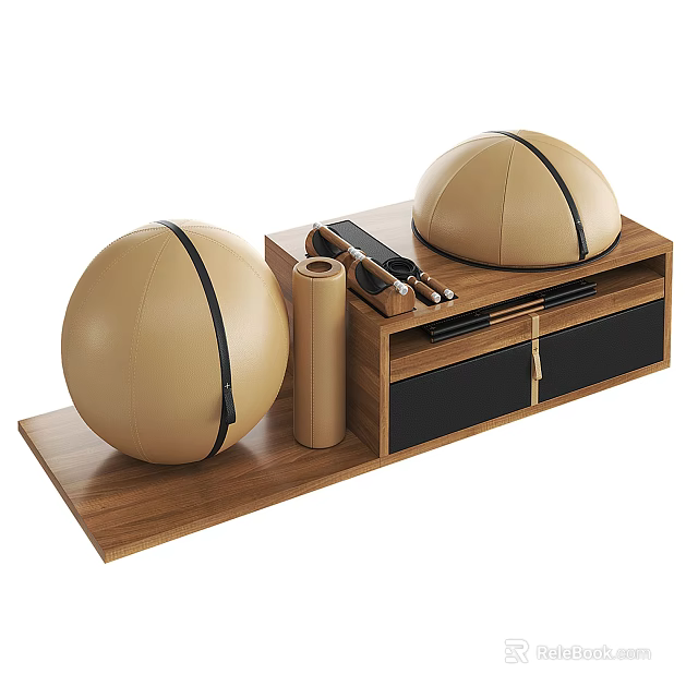 Beige Exercise Balls Yoga Mat And Small Fitness Equipment On Wooden Storage Cabinet 3d model 