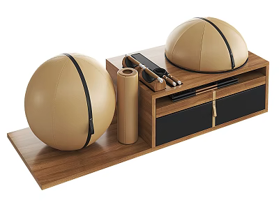 Beige Exercise Balls Yoga Mat And Small Fitness Equipment On Wooden Storage Cabinet 3d model