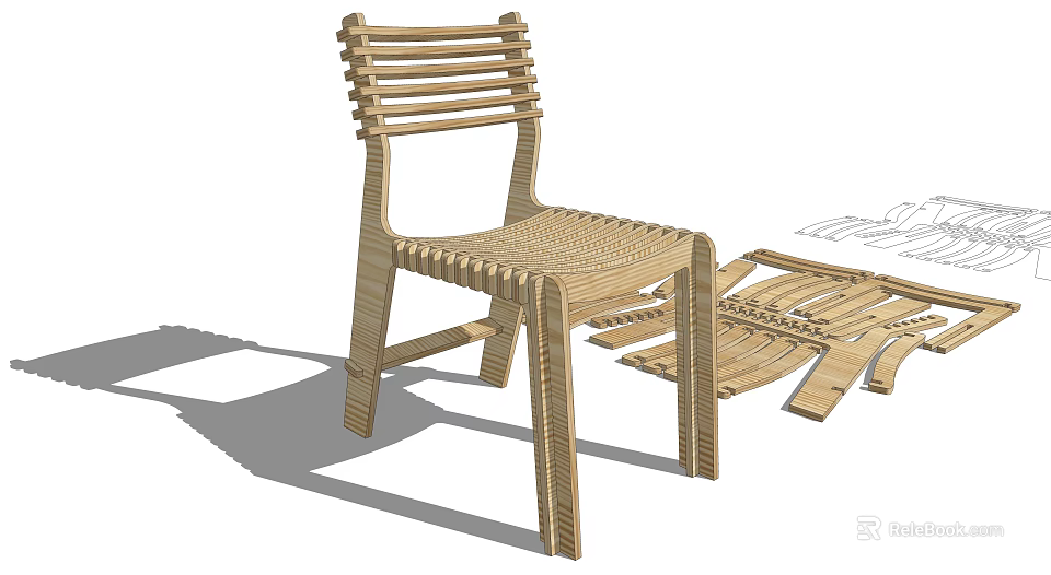 Wooden Dining Chair With Slatted Back Woven Seat And Detachable Structural Parts 3d model 