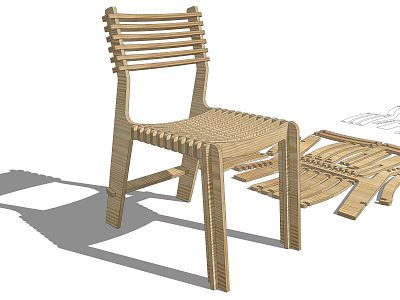 Wooden Dining Chair With Slatted Back Woven Seat And Detachable Structural Parts 3d model