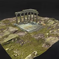 Ancient Stone Ruins With Columns Platform And Rocky Grassy Ground Surroundings