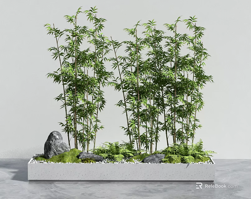 Indoor Bamboo Decor Arrangement With Rocks And Moss In Planter 3d model 
