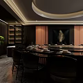 Elegant Private Dining Box Interior With Round Table Green Plants And Black Chairs 3d model