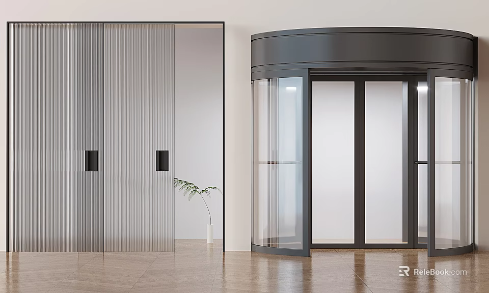 Modern Glass Door With Black Metal Frame Vertical Stripes And Revolving Design 3d model 