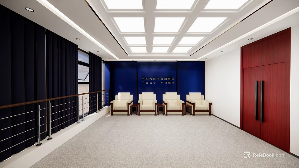 Modern Conference Room Interior With Dark Blue Walls Light Colored Chairs And Square Ceiling Lights 3d model 