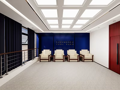 Modern Conference Room Interior With Dark Blue Walls Light Colored Chairs And Square Ceiling Lights 3d model