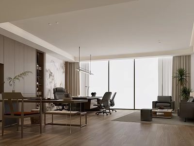 Modern Open Office Interior With Large Windows Office Desk And Sofa Area 3d model