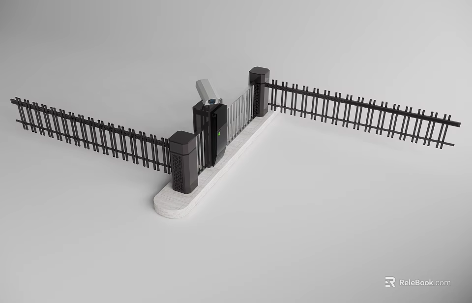 Modern Black Metal Fence With Automatic Gate And Access Control Posts On White Base 3d model 