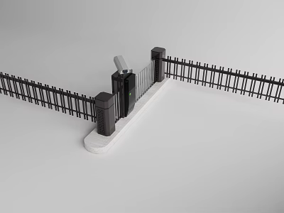 Modern Black Metal Fence With Automatic Gate And Access Control Posts On White Base 3d model