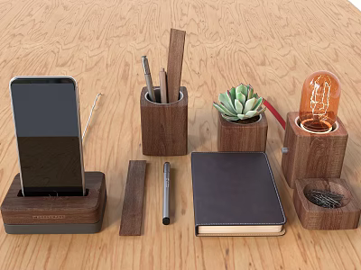 Wooden Desk Accessories With Phone Stand Pen Holder Succulent Plant Notebook And Bulb Decoration 3d model