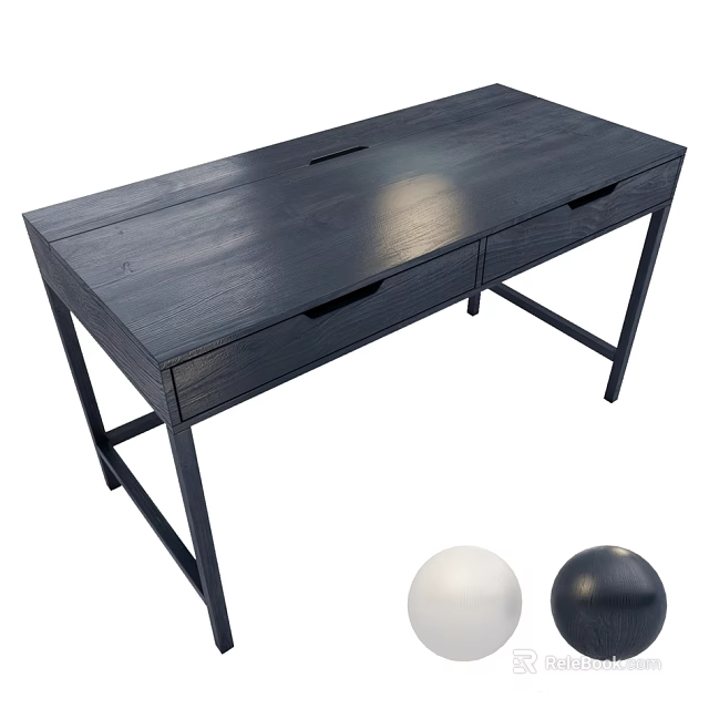 Sleek Modern Dark Wooden Desk with Drawers and Black Metal Legs 3d model 